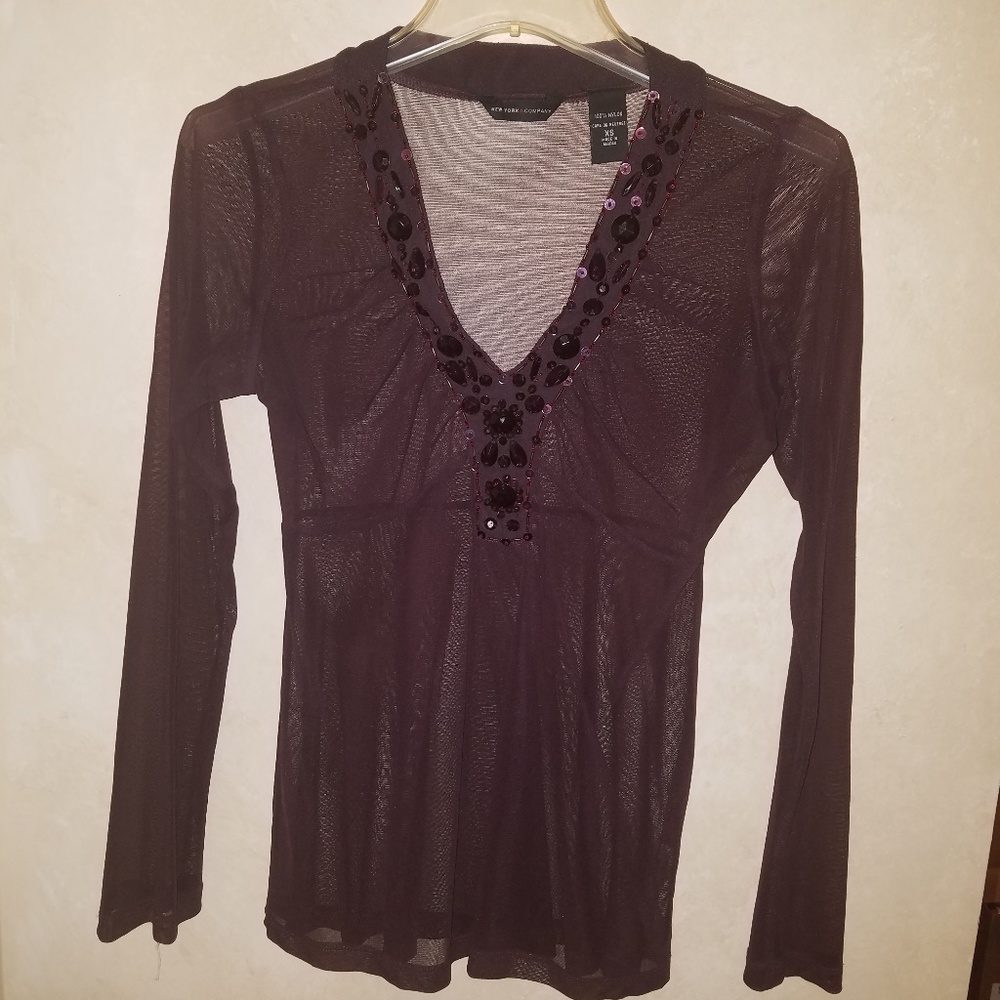 New York & Company Burgundy Mesh Top with Beading